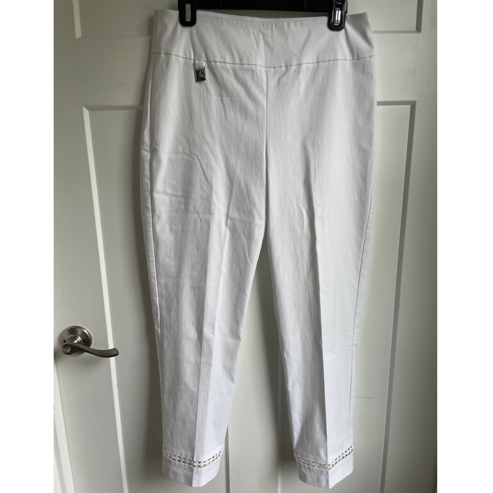 Joseph Ribkoff White Lattice Cutout Hem Cropped Pull On Millennium Pants Size 10